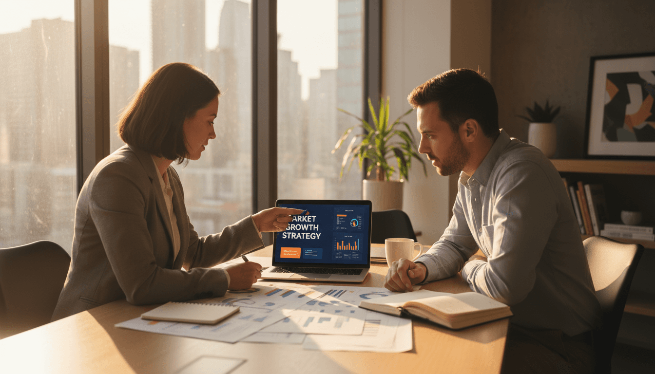 Marketing consultant and small business owner reviewing growth strategy together