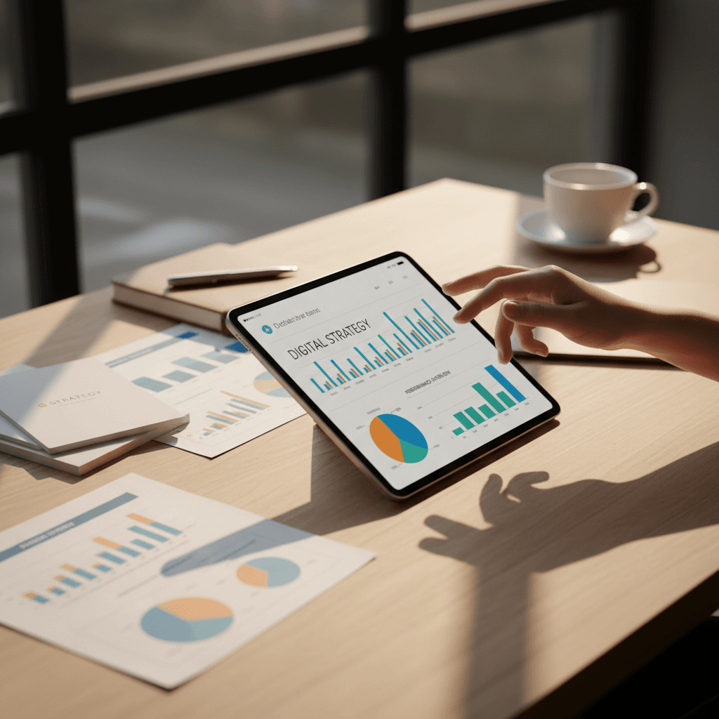 Marketing consultant's hands gesturing over tablet displaying colorful analytics charts at organized workspace